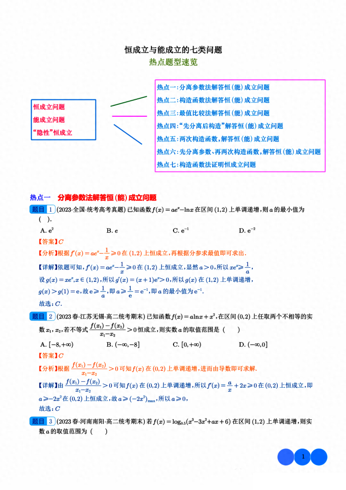 高考复习中恒成立与能成立的七类问题