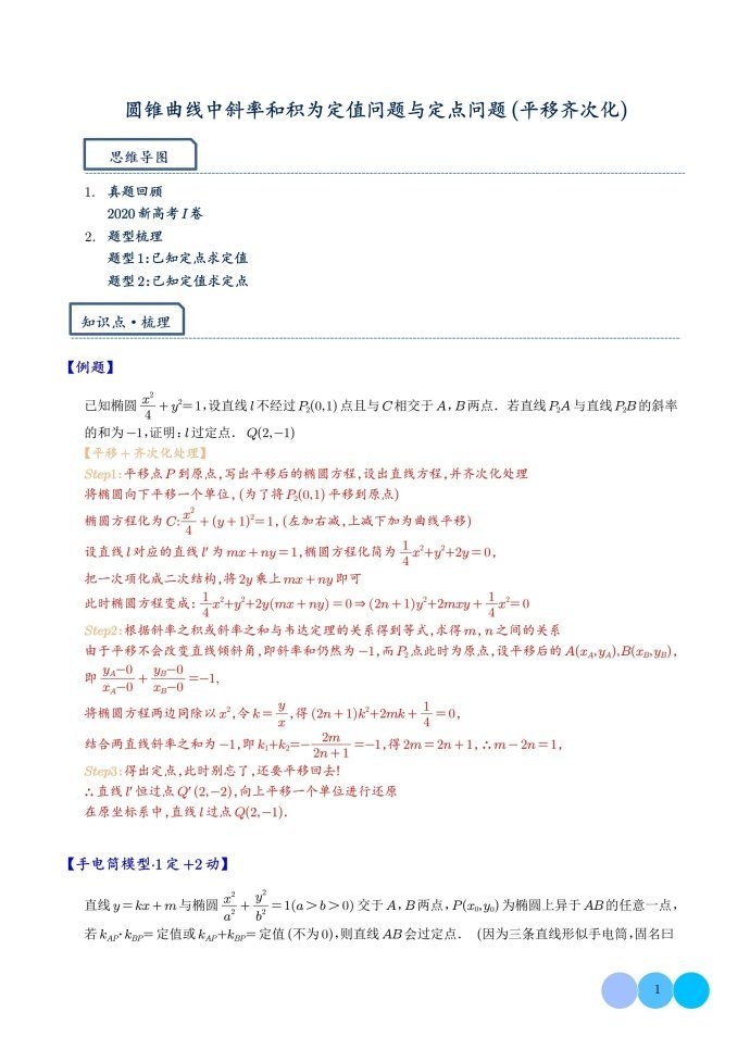 平移齐次化解决圆锥曲线中斜率和积问题与定点问题