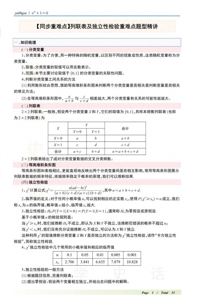 高中数学列联表及独立性检验重难点题型归纳