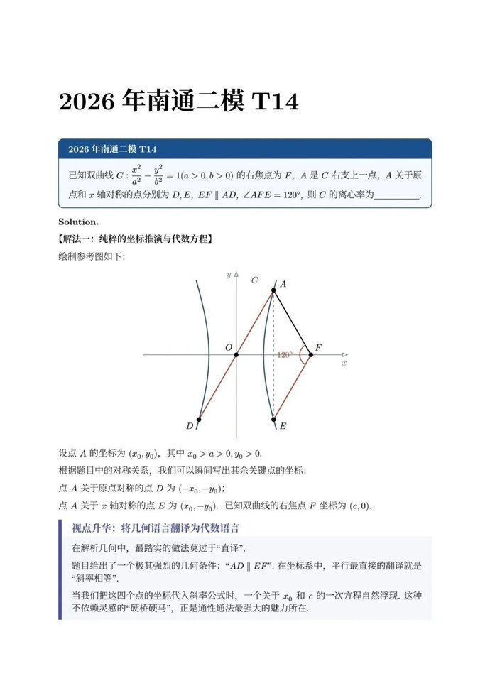 高三数学每日一题——南通二模T14看透双曲线背后的几何本质